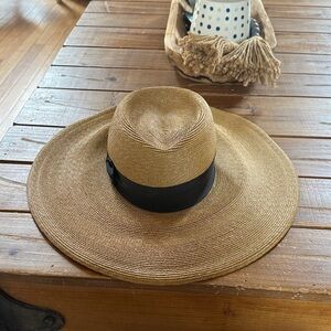 Vintage Frank Olive Wide Brimmed Straw Hat with Ribbon Trim
